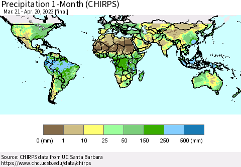 World Precipitation 1-Month (CHIRPS) Thematic Map For 3/21/2023 - 4/20/2023