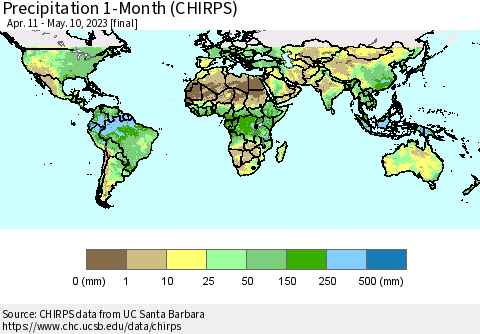 World Precipitation 1-Month (CHIRPS) Thematic Map For 4/11/2023 - 5/10/2023