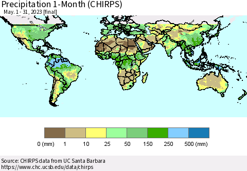 World Precipitation 1-Month (CHIRPS) Thematic Map For 5/1/2023 - 5/31/2023