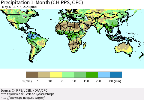 World Precipitation 1-Month (CHIRPS) Thematic Map For 5/6/2023 - 6/5/2023