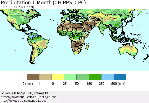 World Precipitation 1-Month (CHIRPS) Thematic Map For 6/1/2023 - 6/30/2023