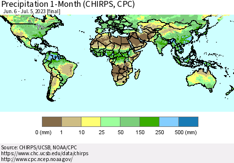 World Precipitation 1-Month (CHIRPS) Thematic Map For 6/6/2023 - 7/5/2023