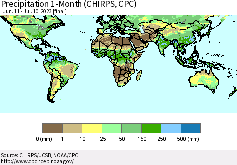 World Precipitation 1-Month (CHIRPS) Thematic Map For 6/11/2023 - 7/10/2023