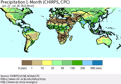 World Precipitation 1-Month (CHIRPS) Thematic Map For 6/21/2023 - 7/20/2023