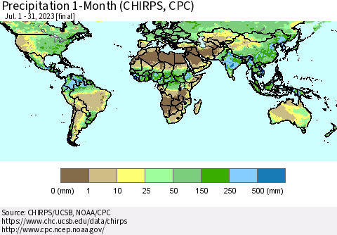 World Precipitation 1-Month (CHIRPS) Thematic Map For 7/1/2023 - 7/31/2023