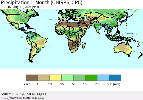 World Precipitation 1-Month (CHIRPS) Thematic Map For 7/16/2023 - 8/15/2023