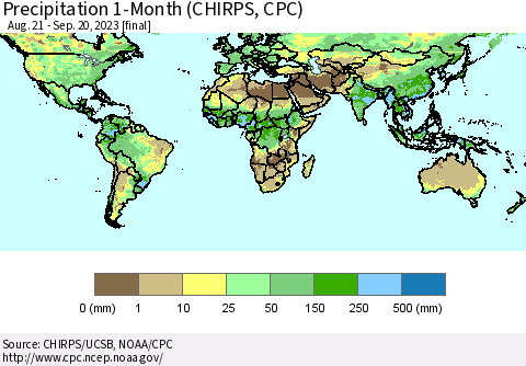 World Precipitation 1-Month (CHIRPS) Thematic Map For 8/21/2023 - 9/20/2023