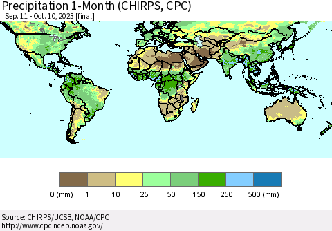 World Precipitation 1-Month (CHIRPS) Thematic Map For 9/11/2023 - 10/10/2023