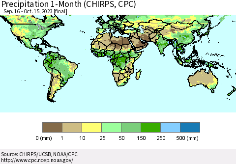 World Precipitation 1-Month (CHIRPS) Thematic Map For 9/16/2023 - 10/15/2023