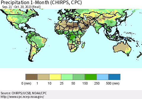 World Precipitation 1-Month (CHIRPS) Thematic Map For 9/21/2023 - 10/20/2023