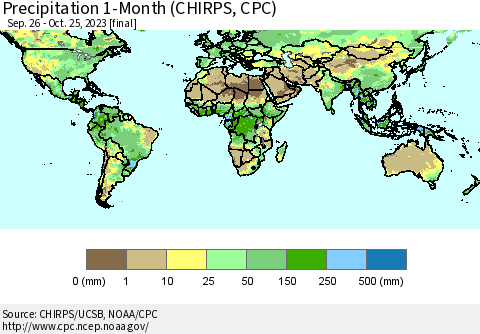 World Precipitation 1-Month (CHIRPS) Thematic Map For 9/26/2023 - 10/25/2023