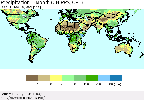 World Precipitation 1-Month (CHIRPS) Thematic Map For 10/11/2023 - 11/10/2023