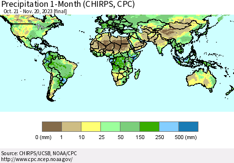 World Precipitation 1-Month (CHIRPS) Thematic Map For 10/21/2023 - 11/20/2023