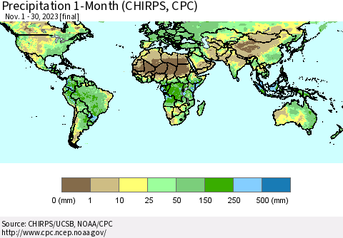 World Precipitation 1-Month (CHIRPS) Thematic Map For 11/1/2023 - 11/30/2023