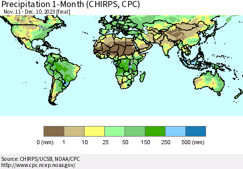 World Precipitation 1-Month (CHIRPS) Thematic Map For 11/11/2023 - 12/10/2023