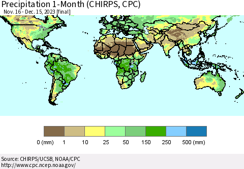 World Precipitation 1-Month (CHIRPS) Thematic Map For 11/16/2023 - 12/15/2023