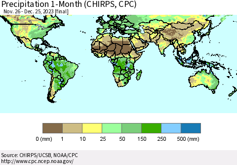 World Precipitation 1-Month (CHIRPS) Thematic Map For 11/26/2023 - 12/25/2023