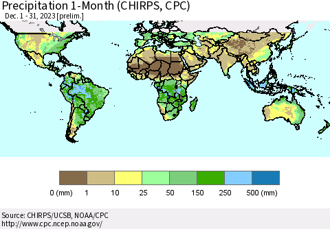 World Precipitation 1-Month (CHIRPS) Thematic Map For 12/1/2023 - 12/31/2023