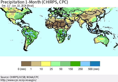 World Precipitation 1-Month (CHIRPS) Thematic Map For 12/11/2023 - 1/10/2024