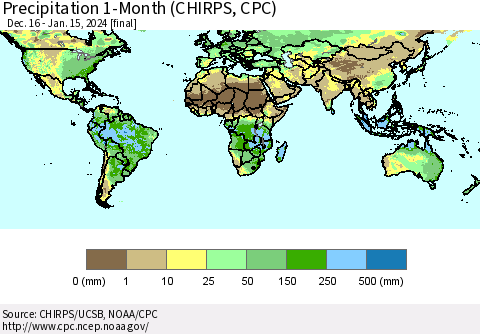World Precipitation 1-Month (CHIRPS) Thematic Map For 12/16/2023 - 1/15/2024