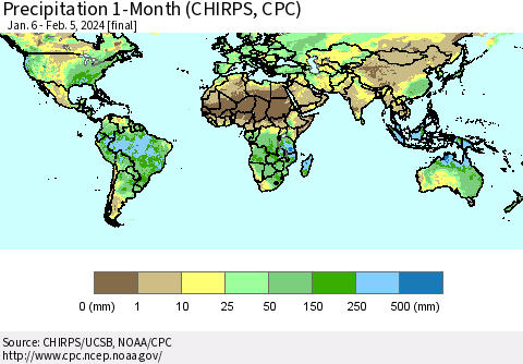 World Precipitation 1-Month (CHIRPS) Thematic Map For 1/6/2024 - 2/5/2024