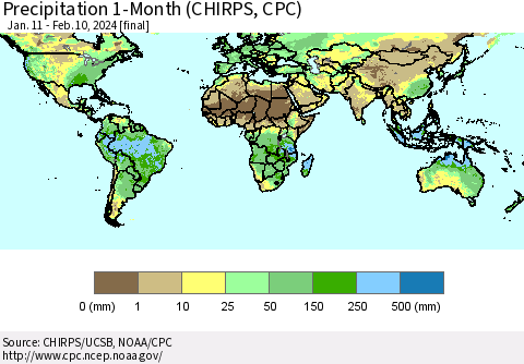 World Precipitation 1-Month (CHIRPS) Thematic Map For 1/11/2024 - 2/10/2024
