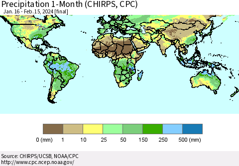 World Precipitation 1-Month (CHIRPS) Thematic Map For 1/16/2024 - 2/15/2024