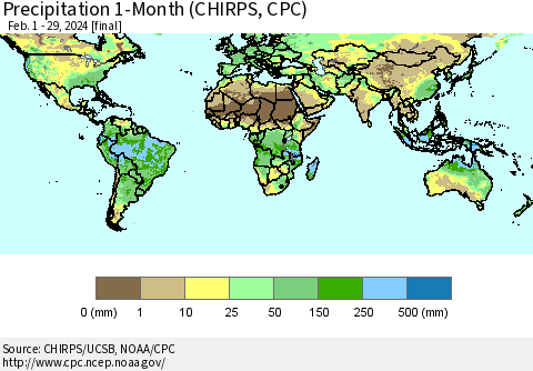 World Precipitation 1-Month (CHIRPS) Thematic Map For 2/1/2024 - 2/29/2024