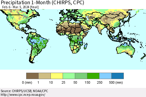 World Precipitation 1-Month (CHIRPS) Thematic Map For 2/6/2024 - 3/5/2024