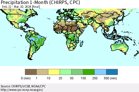 World Precipitation 1-Month (CHIRPS) Thematic Map For 2/11/2024 - 3/10/2024