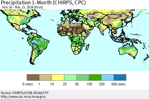 World Precipitation 1-Month (CHIRPS) Thematic Map For 2/16/2024 - 3/15/2024
