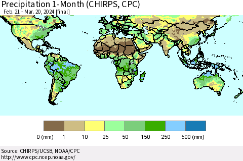 World Precipitation 1-Month (CHIRPS) Thematic Map For 2/21/2024 - 3/20/2024