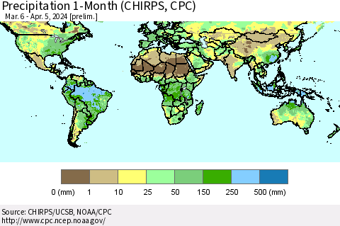 World Precipitation 1-Month (CHIRPS) Thematic Map For 3/6/2024 - 4/5/2024