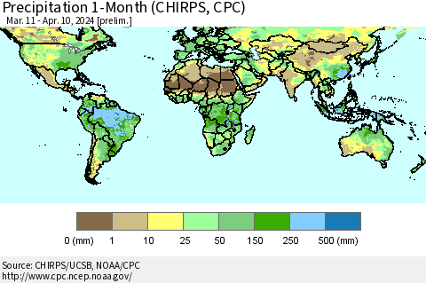 World Precipitation 1-Month (CHIRPS) Thematic Map For 3/11/2024 - 4/10/2024