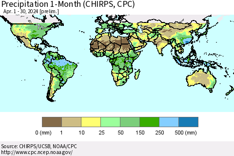 World Precipitation 1-Month (CHIRPS) Thematic Map For 4/1/2024 - 4/30/2024