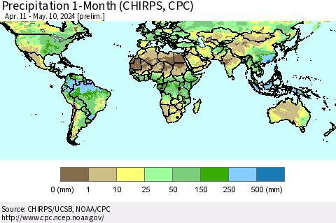 World Precipitation 1-Month (CHIRPS) Thematic Map For 4/11/2024 - 5/10/2024