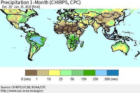 World Precipitation 1-Month (CHIRPS) Thematic Map For 12/26/2024 - 1/25/2025