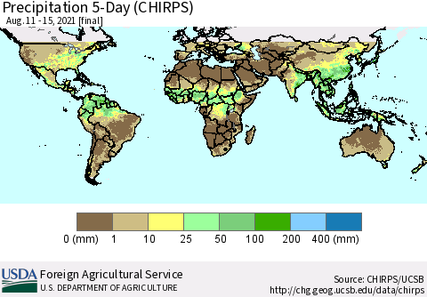 World Precipitation 5-Day (CHIRPS) Thematic Map For 8/11/2021 - 8/15/2021