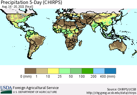World Precipitation 5-Day (CHIRPS) Thematic Map For 8/16/2021 - 8/20/2021