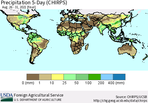 World Precipitation 5-Day (CHIRPS) Thematic Map For 8/26/2021 - 8/31/2021