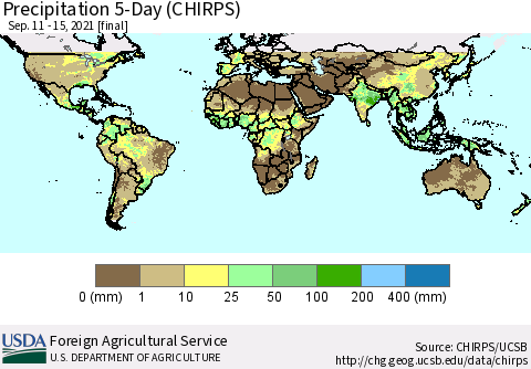 World Precipitation 5-Day (CHIRPS) Thematic Map For 9/11/2021 - 9/15/2021