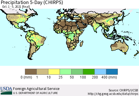 World Precipitation 5-Day (CHIRPS) Thematic Map For 10/1/2021 - 10/5/2021