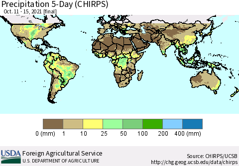 World Precipitation 5-Day (CHIRPS) Thematic Map For 10/11/2021 - 10/15/2021