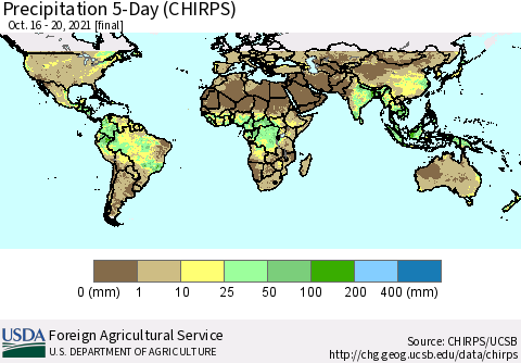 World Precipitation 5-Day (CHIRPS) Thematic Map For 10/16/2021 - 10/20/2021
