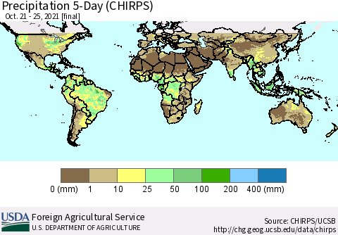 World Precipitation 5-Day (CHIRPS) Thematic Map For 10/21/2021 - 10/25/2021
