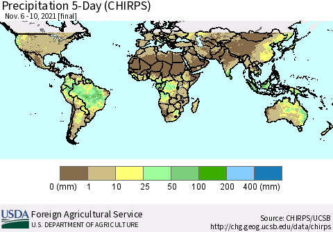 World Precipitation 5-Day (CHIRPS) Thematic Map For 11/6/2021 - 11/10/2021