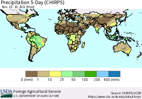 World Precipitation 5-Day (CHIRPS) Thematic Map For 11/16/2021 - 11/20/2021