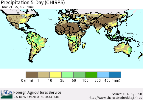 World Precipitation 5-Day (CHIRPS) Thematic Map For 11/21/2021 - 11/25/2021