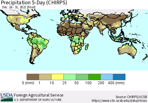 World Precipitation 5-Day (CHIRPS) Thematic Map For 12/26/2021 - 12/31/2021