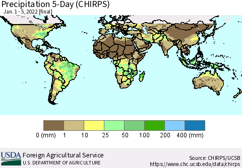 World Precipitation 5-Day (CHIRPS) Thematic Map For 1/1/2022 - 1/5/2022